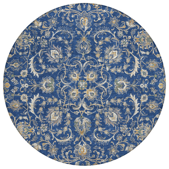 8' Navy Blue And Ivory Round Botanical Leaves Washable Indoor Outdoor Area Rug