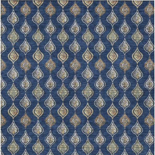 10' X 14' Navy Blue And Blue Floral Washable Indoor Outdoor Area Rug