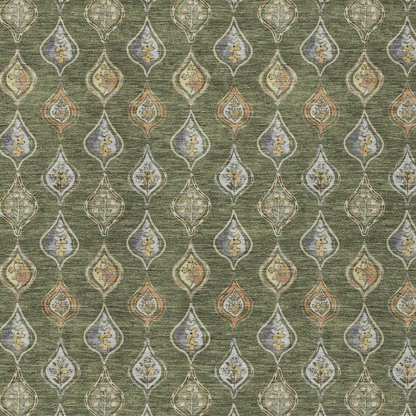 8' X 10' Olive Green And Green Floral Washable Indoor Outdoor Area Rug