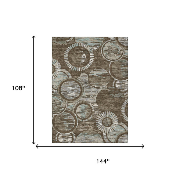 9' X 12' Chocolate And Brown Geometric Washable Indoor Outdoor Area Rug