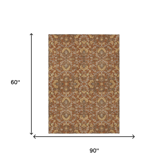 5' X 8' Copper And Orange Geometric Washable Indoor Outdoor Area Rug