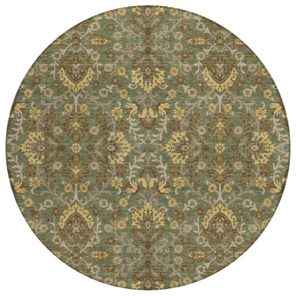 8' Olive Green And Green Round Geometric Washable Indoor Outdoor Area Rug