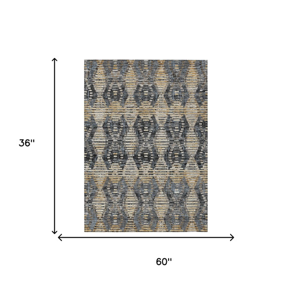 3' X 5' Black And Gray Floral Medallion Washable Indoor Outdoor Area Rug