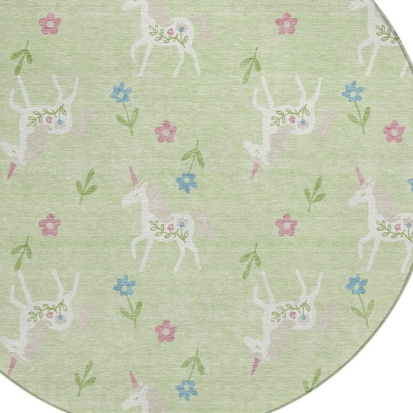 8' Mint Green And Ivory Round Floral Washable Indoor Outdoor Area Rug