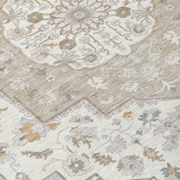 9' X 12' Beige And Copper Oriental Washable Indoor Outdoor Area Rug