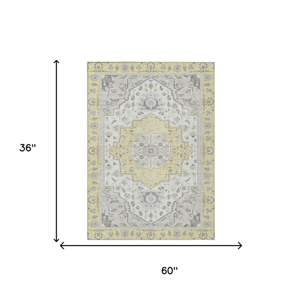3' X 5' Yellow And Purple Oriental Washable Indoor Outdoor Area Rug