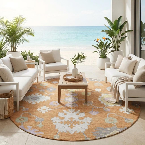 8' Copper And Gold Round Oriental Washable Indoor Outdoor Area Rug