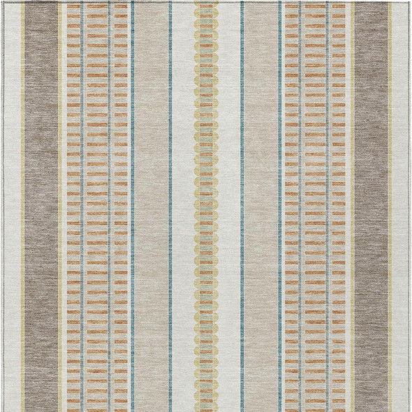9' X 12' Ivory And Fern Green Striped Washable Indoor Outdoor Area Rug