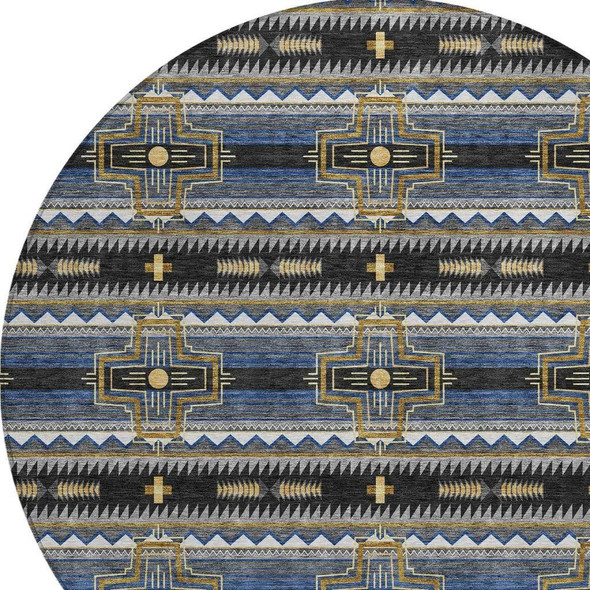 8' Black And Mauve Round Tribal Washable Indoor Outdoor Area Rug