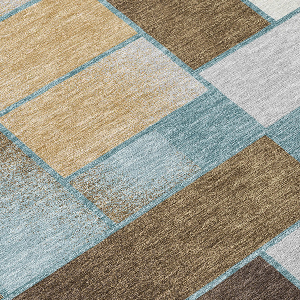 3' X 5' Teal Blue And Gold Geometric Washable Indoor Outdoor Area Rug