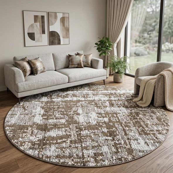 10' Tan And White Abstract Washable Round Rug With UV Protection