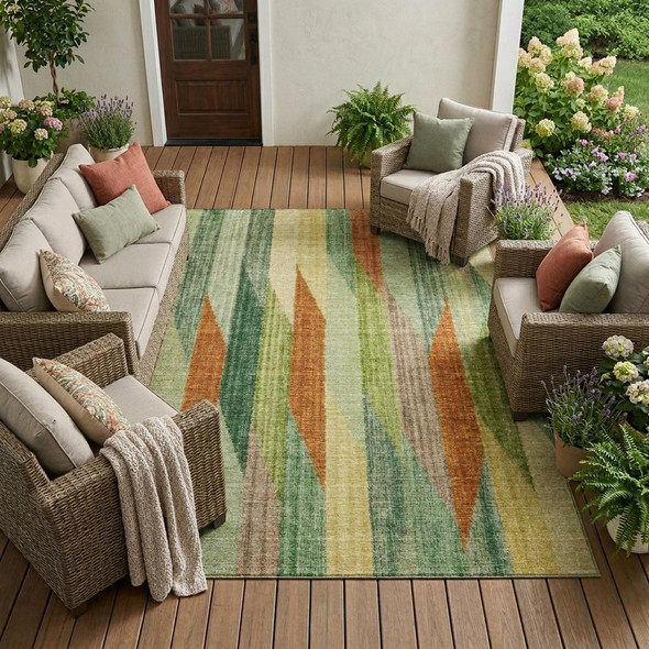 10' X 14' Green And Brown Striped Washable Indoor Outdoor Area Rug