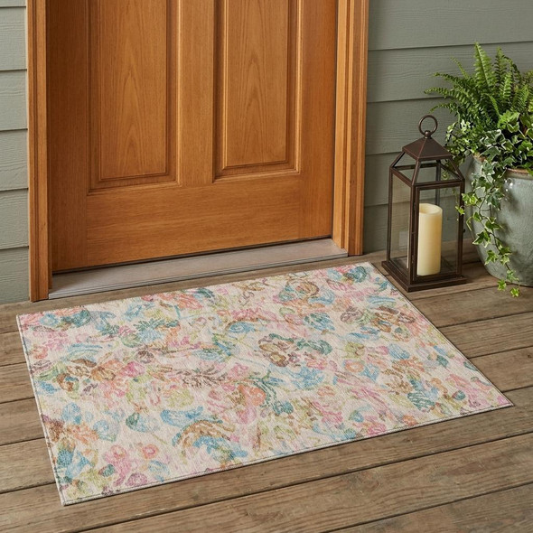 3' X 5' Pink And Tan Floral Washable Indoor Outdoor Area Rug