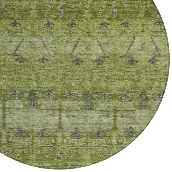 8' Olive Green And Green Round Tribal Washable Indoor Outdoor Area Rug