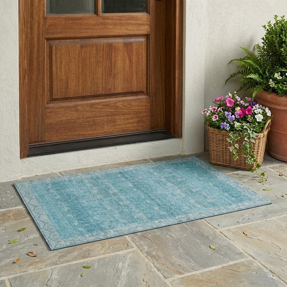 3' X 5' Blue And Teal Blue Tribal Washable Indoor Outdoor Area Rug