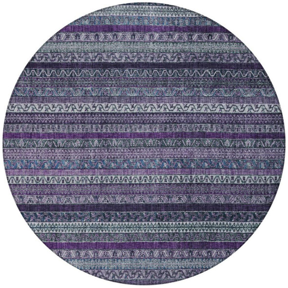 8' Purple And Plum Round Striped Washable Indoor Outdoor Area Rug