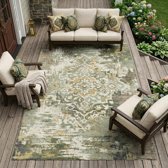 9' X 12' Sage And Green Medallion Washable Indoor Outdoor Area Rug