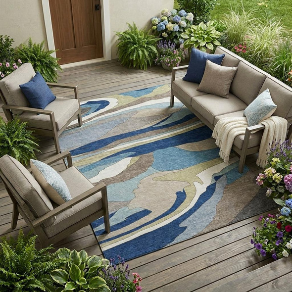 10' X 14' Blue And Beige Abstract Washable Indoor Outdoor Area Rug