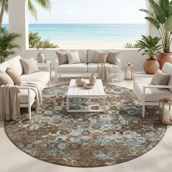 8' Brown And Coffee Round Floral Medallion Washable Indoor Outdoor Area Rug