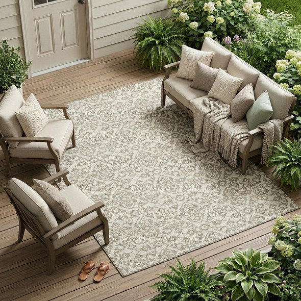 8' X 10' Ivory And Beige Damask Washable Indoor Outdoor Area Rug