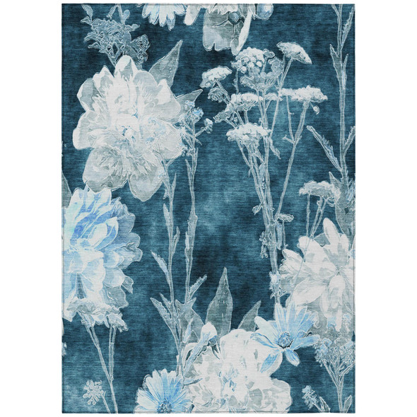 3' X 5' Teal Blue And Navy Blue Floral Washable Indoor Outdoor Area Rug