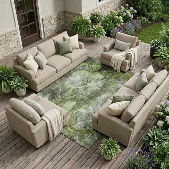 8' X 10' Green And Silver Floral Washable Indoor Outdoor Area Rug