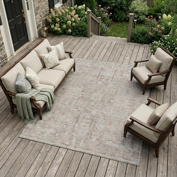 9' X 12' Beige And Brown Oriental Washable Indoor Outdoor Area Rug