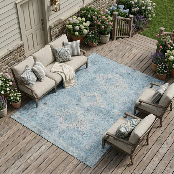 8' X 10' Sky Blue And Blue Oriental Washable Indoor Outdoor Area Rug
