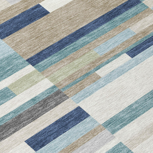 8' Teal Blue And Silver Round Striped Washable Indoor Outdoor Area Rug
