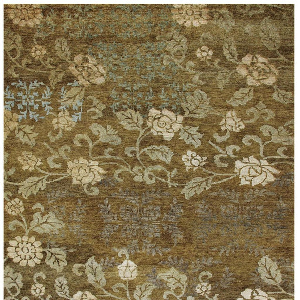 9' X 12' Brown Green And Blue Floral Hand Knotted Area Rug