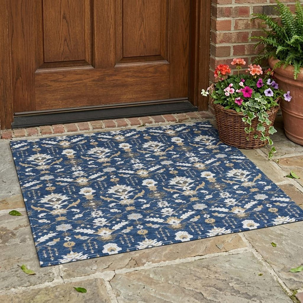 3' X 5' Navy Blue And Blue Oriental Washable Indoor Outdoor Area Rug