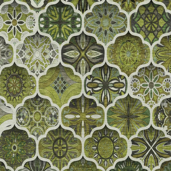 9' X 12' Olive Green And Green Ogee Washable Indoor Outdoor Area Rug