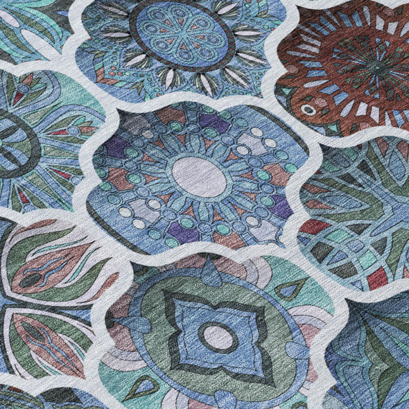 3' X 5' Teal Blue And Graphite Ogee Washable Indoor Outdoor Area Rug