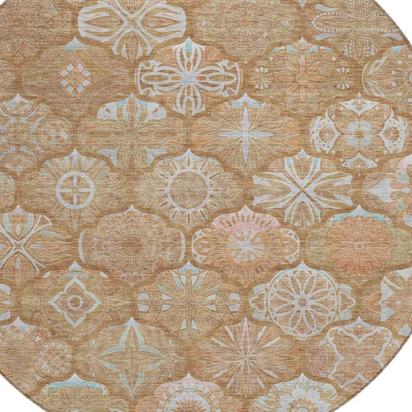8' Orange And Beige Round Ogee Washable Indoor Outdoor Area Rug