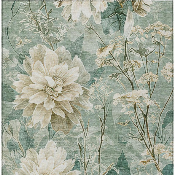 3' X 5' Green And Beige Floral Washable Indoor Outdoor Area Rug
