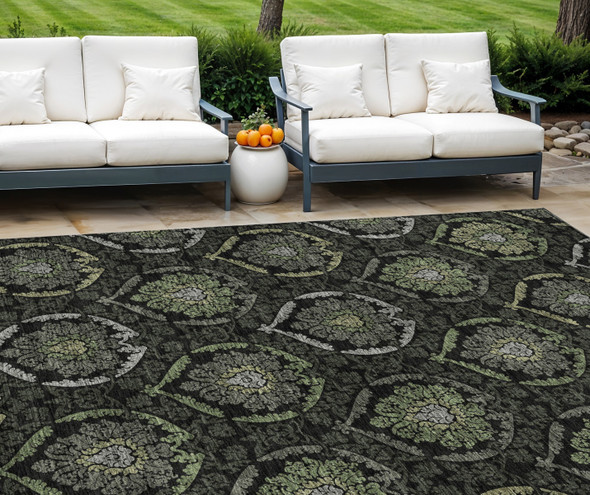 10' X 14' Green Gray And Charcoal Medallion Washable Indoor Outdoor Area Rug
