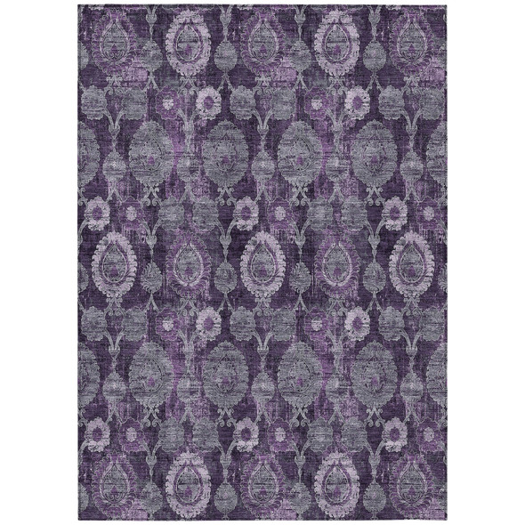 5' X 8' Eggplant Purple And Lavender Damask Washable Indoor Outdoor Area Rug