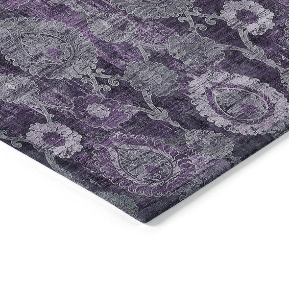 8' X 10' Eggplant Purple And Lavender Damask Washable Indoor Outdoor Area Rug