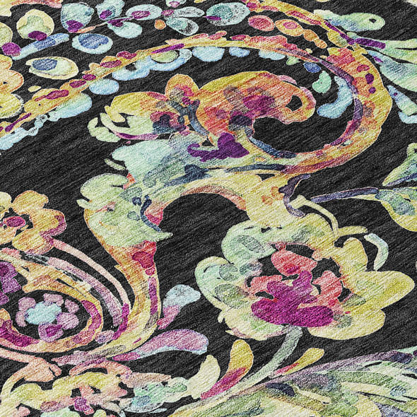 10' X 14' Black And Artichoke Green Paisley Washable Indoor Outdoor Area Rug