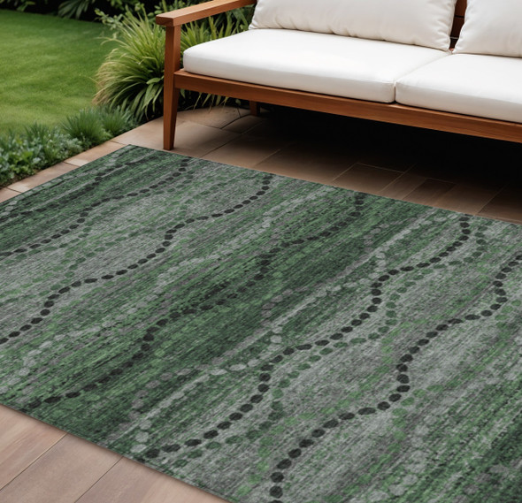 8' X 10' Olive Green And Gray Ogee Washable Indoor Outdoor Area Rug