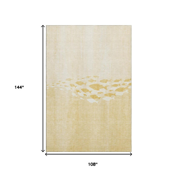 9' X 12' Gold And Ivory Nautical Washable Area Rug With UV Protection