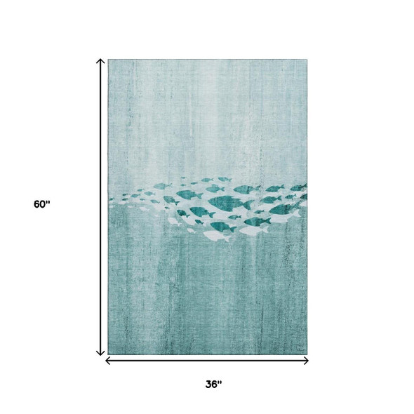 3' X 5' Teal And Ivory Nautical Washable Area Rug With UV Protection