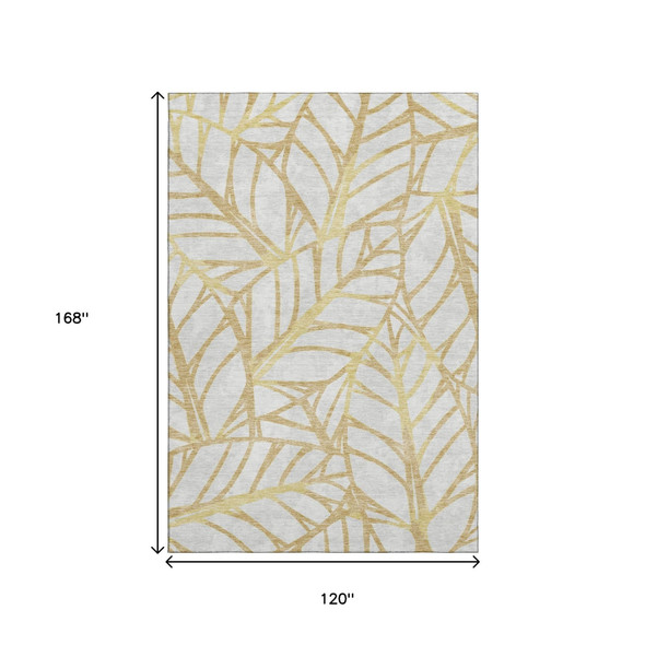 10' X 14' Gold And Beige Floral Washable Area Rug With UV Protection