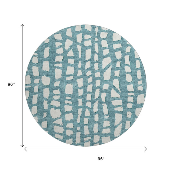 8' Teal And Ivory Cobblestone Washable Round Rug With UV Protection