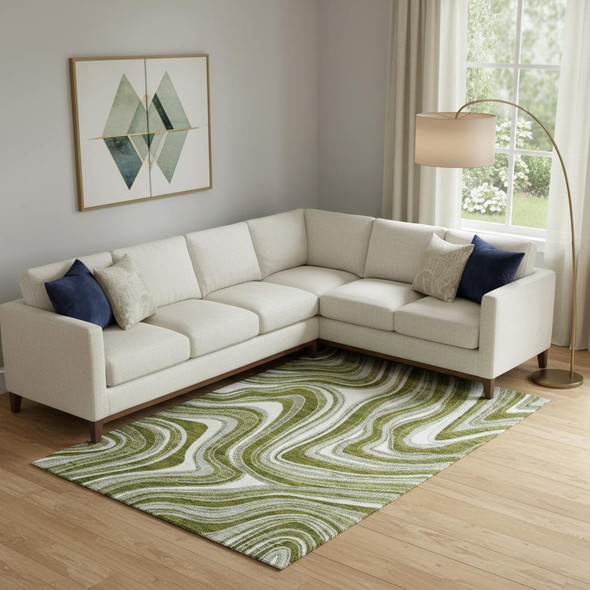 9' X 12' Olive Green Ivory And Gray Marble Washable Area Rug With UV Protection