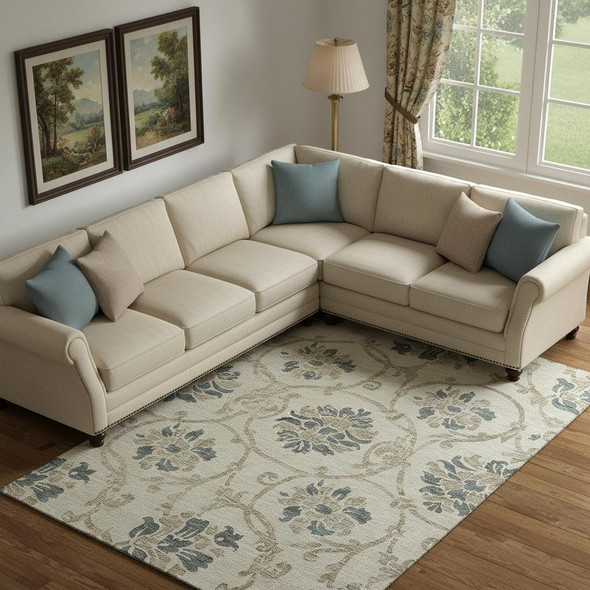 8' X 10' Beige Blue And Tan Floral Washable Area Rug With UV Protection