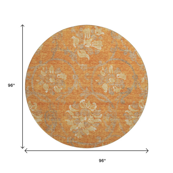8' Orange Gray And Beige Floral Washable Round Rug With UV Protection