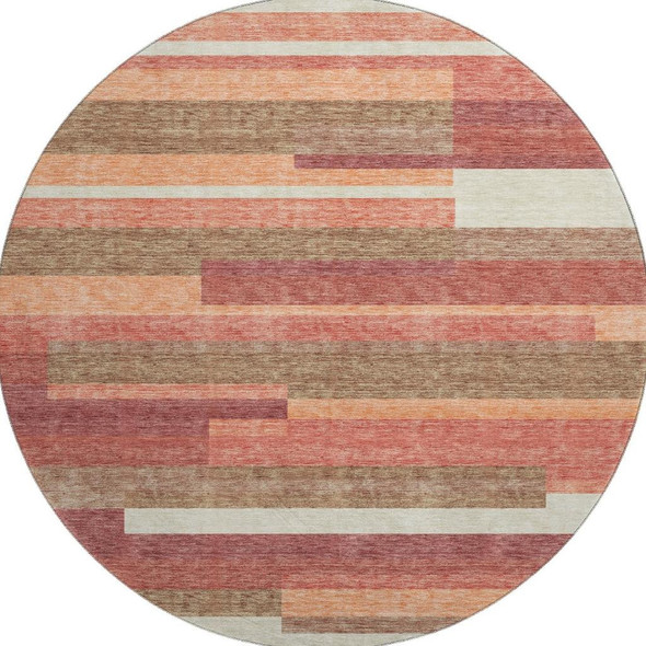 8' Coral Taupe And Orange Striped Washable Round Rug With UV Protection