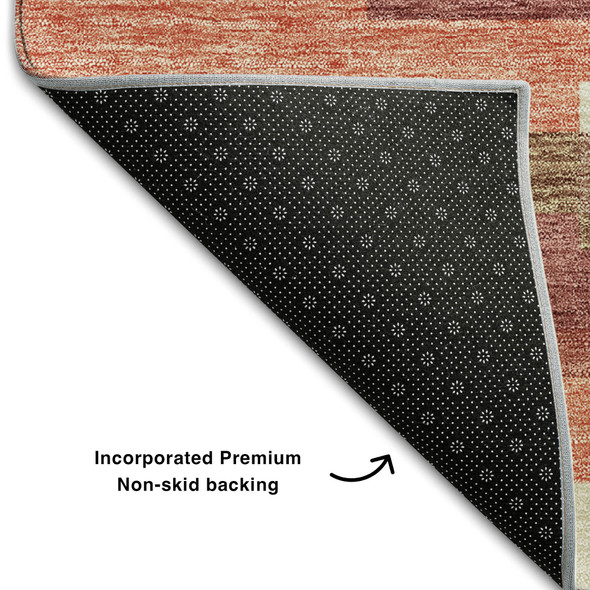 9' X 12' Coral Taupe And Orange Striped Washable Area Rug With UV Protection