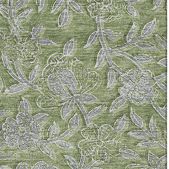 5' X 8' Olive Green And Gray Floral Washable Area Rug With UV Protection